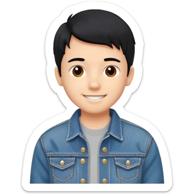 emoji of a teenage boy, straight black hair, wearing a denim jacket, playful smile sticker