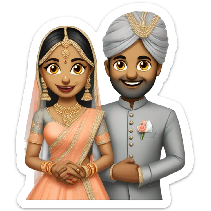 south indian wedding caricature of bride wearing peach colour lehenga and groom wearing Grey coloured suit sticker
