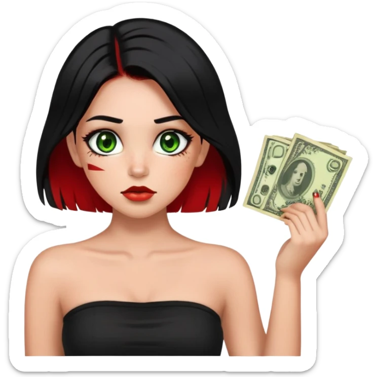 Girl. Green hazel eyes. Black hair with red money-piece hair style and red perk-a-boo underlights. Medium long hair. black strapless crop top. birthmarks on the lower right side of the nose and under the lips on the left. Skinny face. sticker