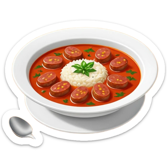 emoji of Rougail saucisse meal. Typical Reunion island meal. Sliced sausage in tomato soup with thym  sticker
