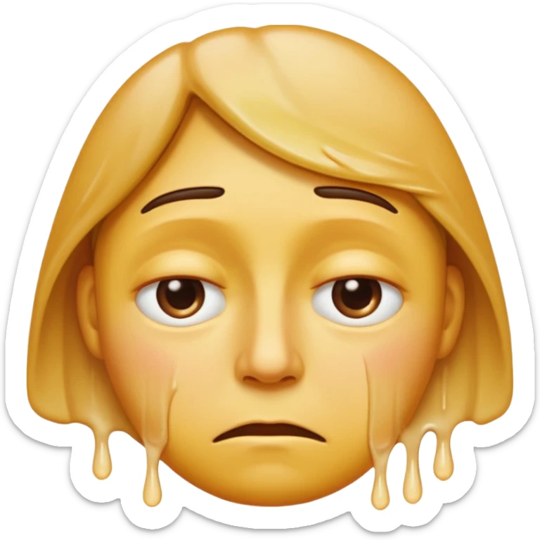 Apple-style emoji person inspired by the Apple melting face emoji (🫠), with a slightly drooping lower face due to heat, solid soft texture, annoyed and exhausted expression, raised eyebrow, unimpressed half-closed eyes, subtle sweat drops, consistent skin color, no dripping or glossy liquid effect sticker