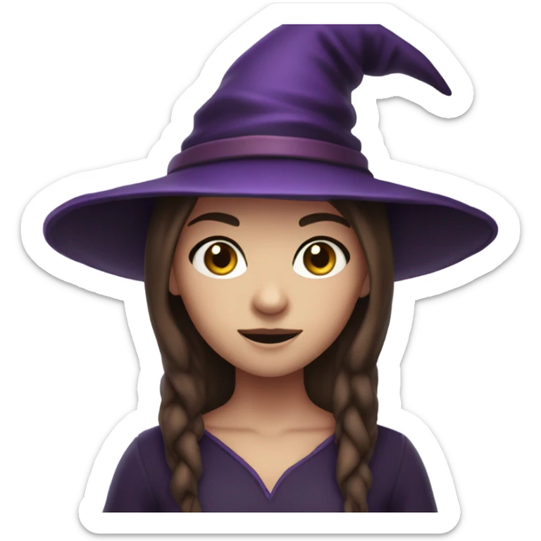 a young white thin girl with straight brown hair and dark eyes dressed as a witch with purple hat sticker
