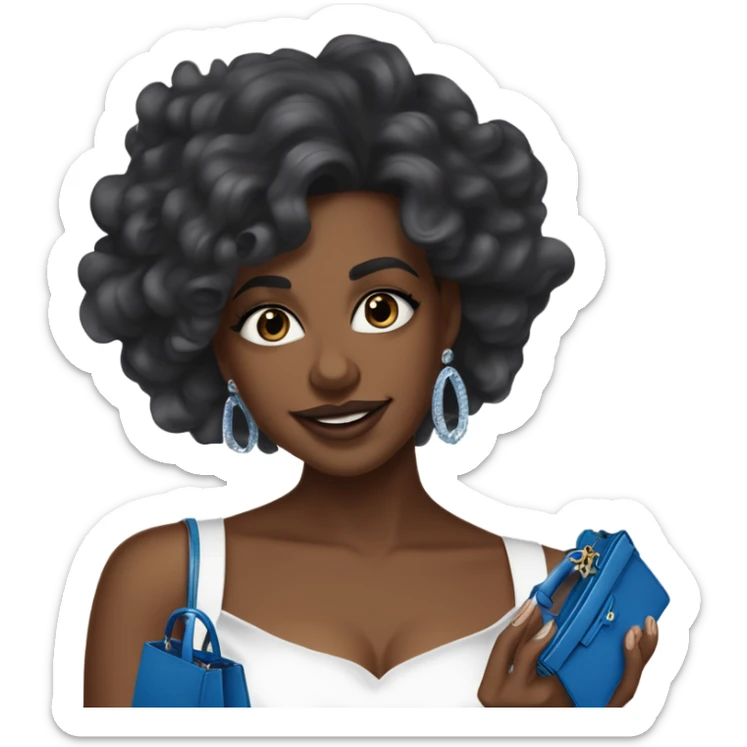 Brown Black woman in her mid-20s with blowout curls, wearing a white dress, holding a blue mini Hermes Kelly BAG, and a 7-carat ring. A White  man with blue eyes, dark grey hair, mustache, and an expensive watch, smiling at her.” sticker