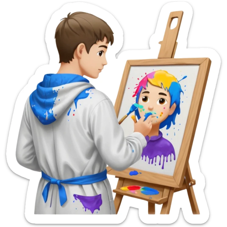the white artist stands with his back to the painting, painting a portrait sticker