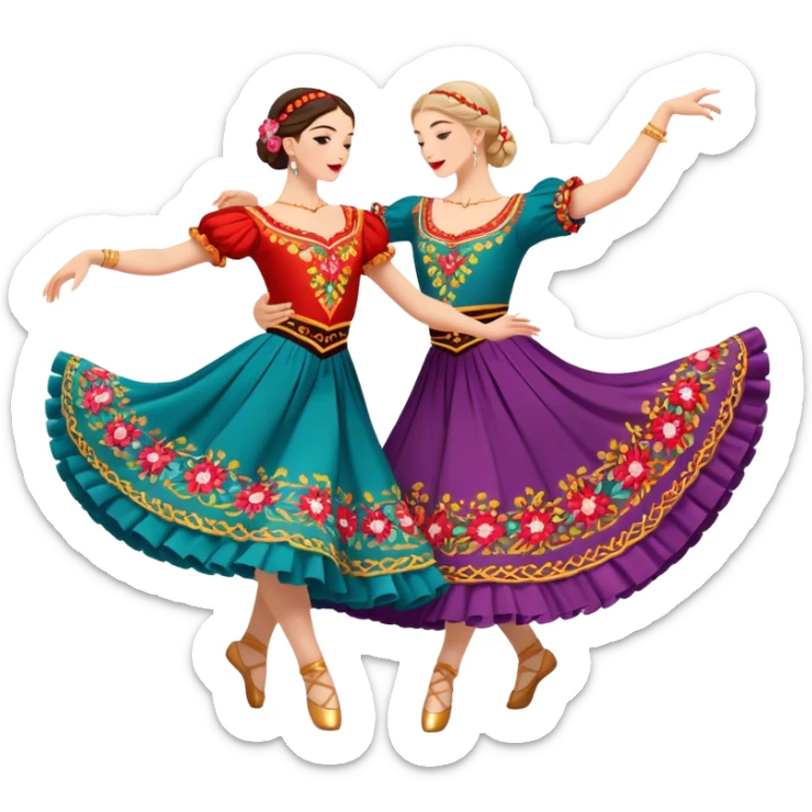 Cinematic Realistic scene of two dancers performing the Tarantella, dressed in vibrant, flowing traditional costumes with detailed embroidery and dynamic skirts, captured in festive motion with warm, lively lighting sticker