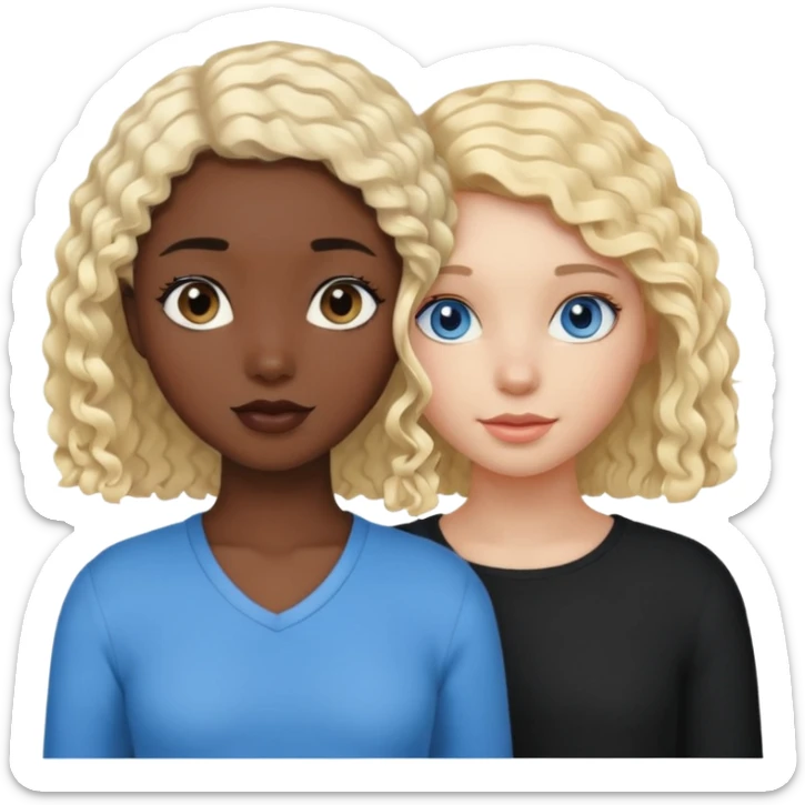 Girl best friends, one white with blond bob and blue eyes, one black with long black curly hair sticker