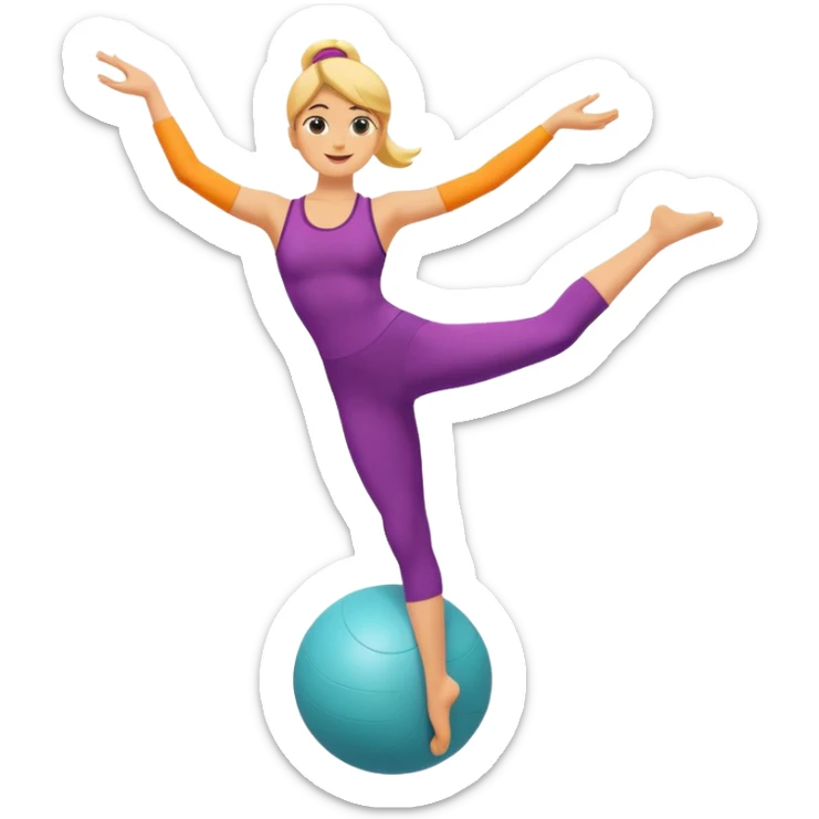 A minimalist vector emoji of a person standing on one leg in an arabesque pose, holding a fitness ball. Clean lines, flat design, vibrant energetic colors. sticker
