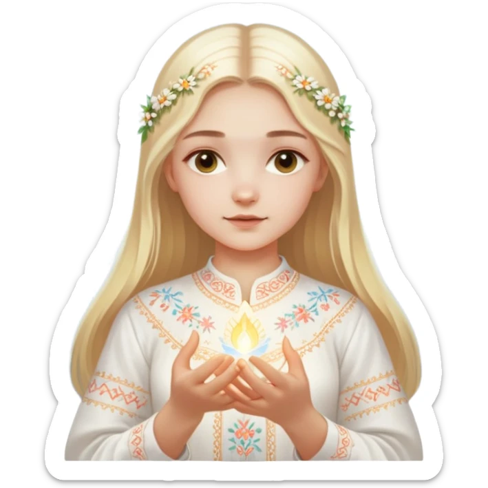 Young Ukrainian girl with blonde hair wearing a traditional white embroidered shirt (vyshyvanka) gently holding a glowing ethereal light representing the soul in her hands sticker