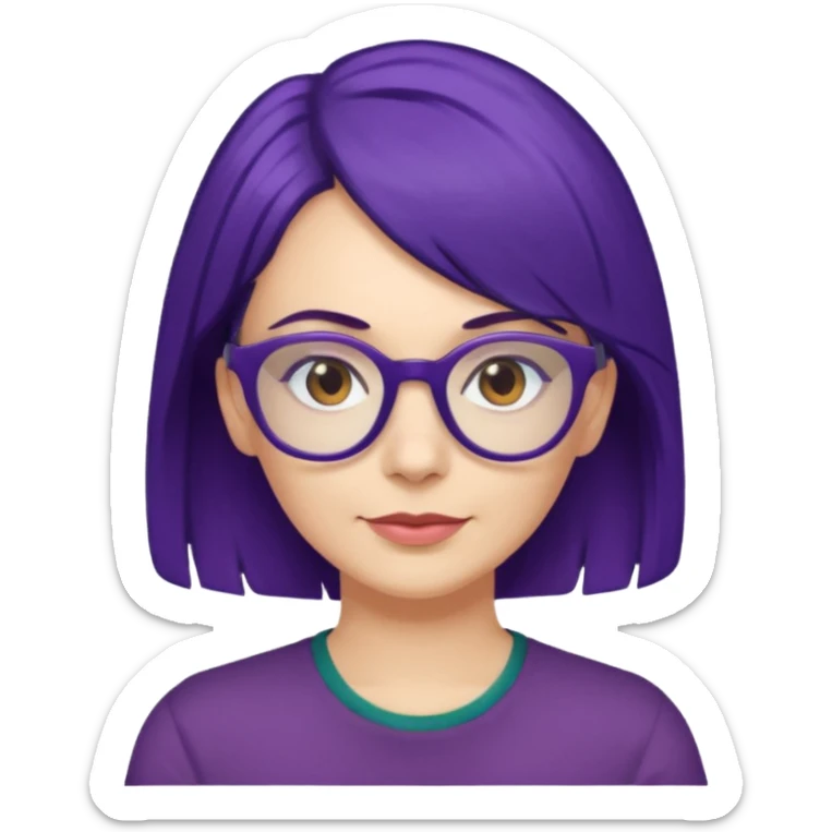 Cartoon 50-year-old youthful woman with purple glasses, brown eyes, and indigo hair to her shoulders in a dark green shirt. sticker