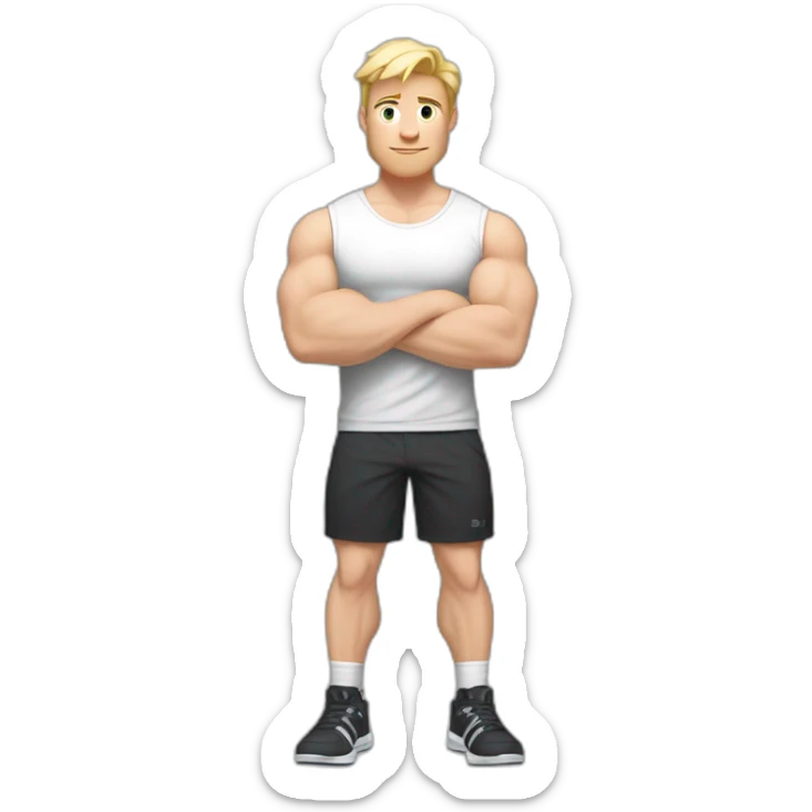 Full height Pale skinned fit man With Wide jaw, biceps and blonde hair In dark gray sleeveless mike, black oversize sports shorts, watch and white sneakers. his arms crossed over his chest sticker