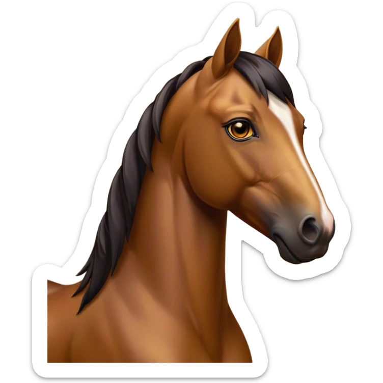 Cinematic Noble Bay Horse Portrait Emoji, Poised and regal, with a strong, athletic build and a rich, well-groomed bay fur accented by a dark mane and tail, deep-set soulful amber eyes, Simplified yet sharp and sophisticated features, highly detailed, glowing with a warm, dignified glow, high shine, intelligent and majestic, stylized with an air of equine elegance, focused and attentive, soft glowing outline, capturing the essence of a watchful and confident steed, so majestic it feels as though it could gallop out of the screen with effortless authority! sticker