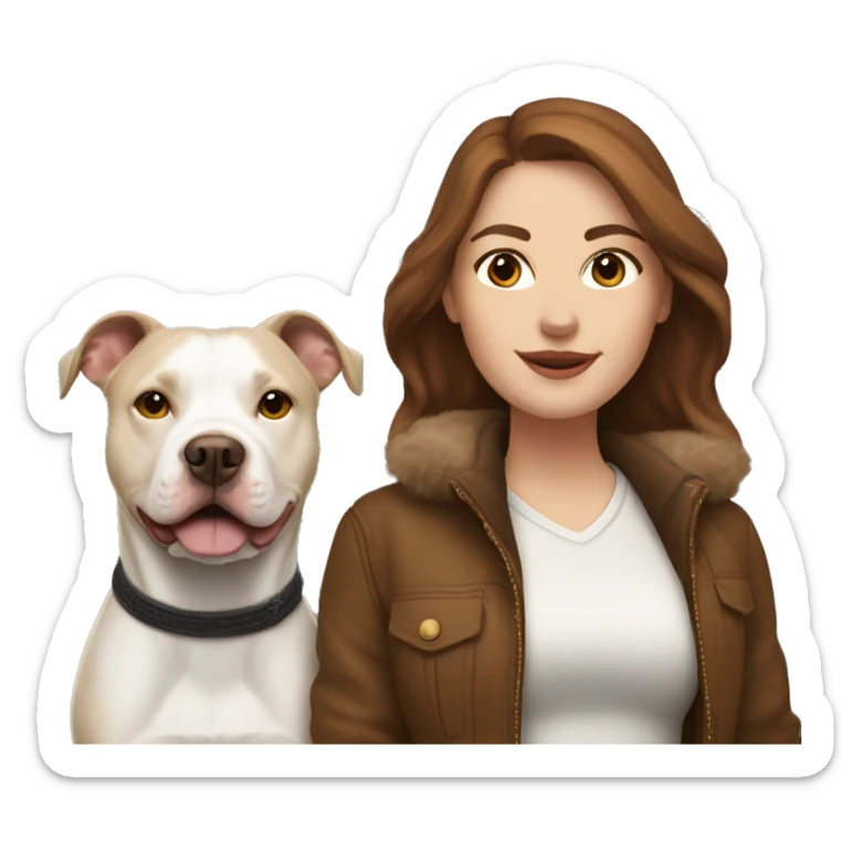 white woman with long brown hair in a furry jacket standing alongside a white pitbull sticker