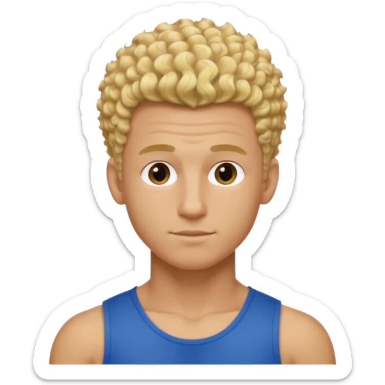 Athletic man with blond curly hair, straight on sides, thick neck, high top fade with no part, no shirt and show abs sticker