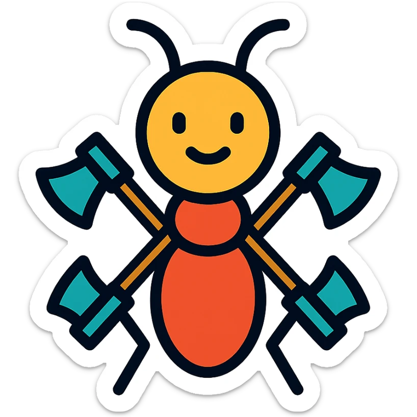 an emoji of an ant with body and legs made out of axes, color outline icon style sticker