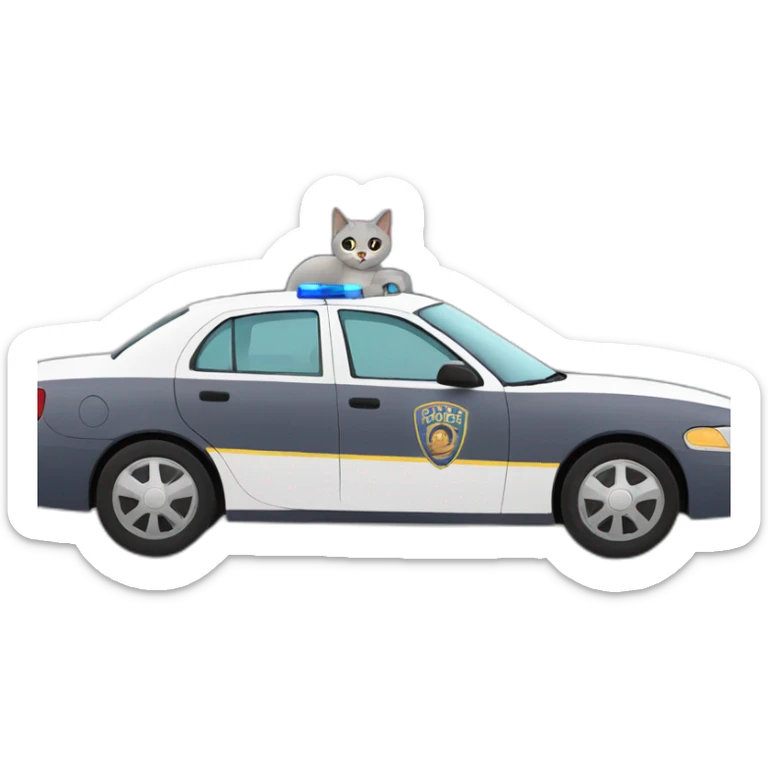 grey cat in a police car. The car is parked outside a doughnut shop sticker