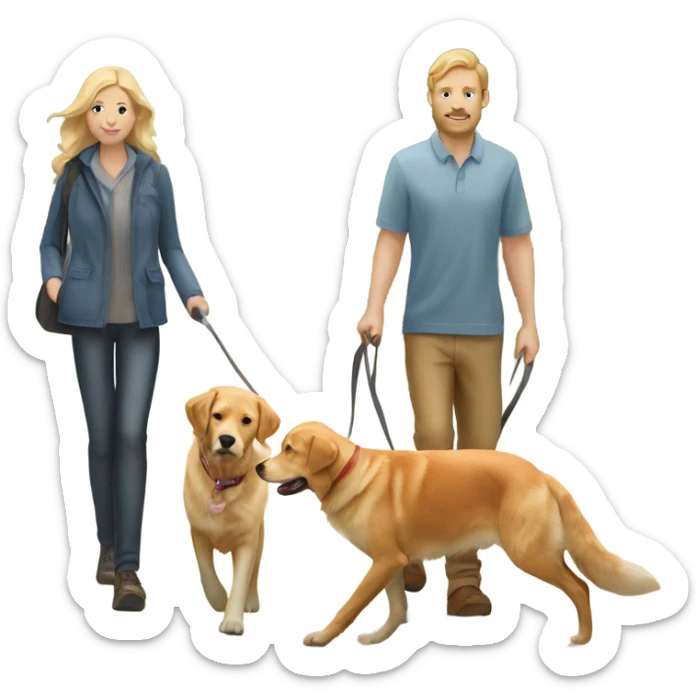 man walking fox red Labrador and woman walking English cream retriever sticker