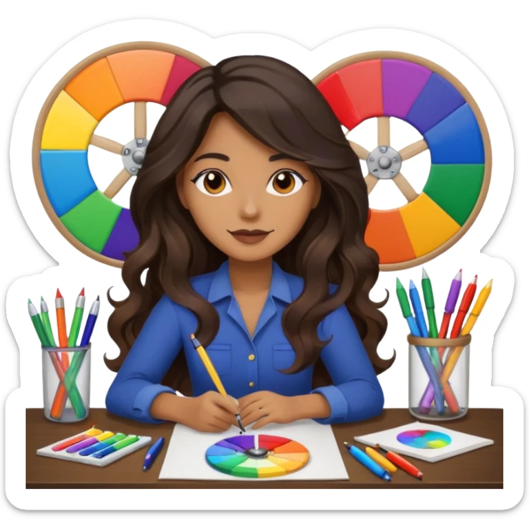 female dark wavy long hair graphic designer , color wheel, pens, papers , desktop sticker