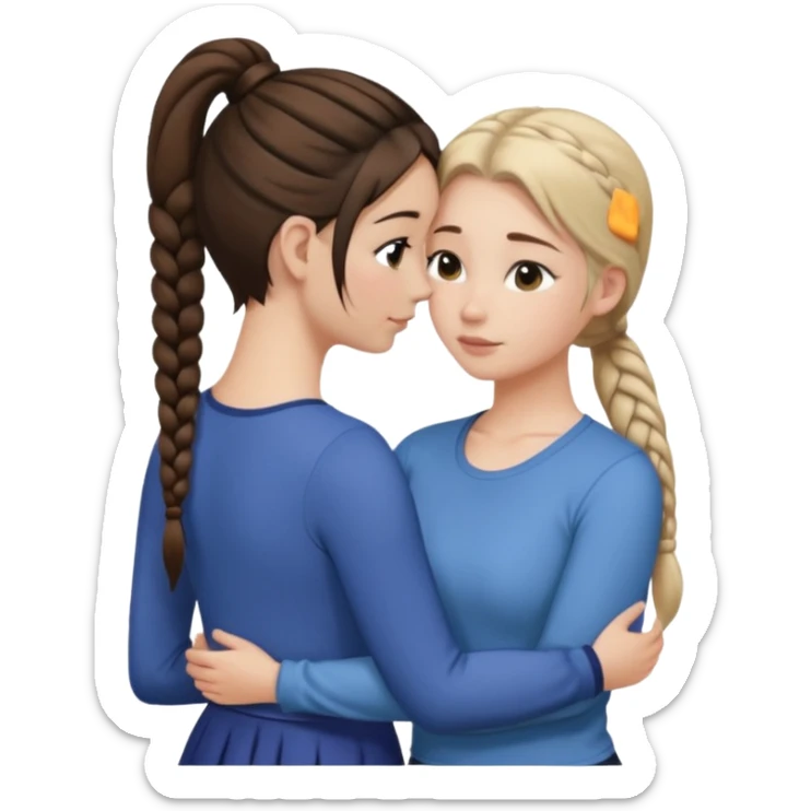 Comforting Hug two white skin women, one shorter woman with medium brown simple top ponytail, not braided, and one taller woman with a single long black side braid sticker