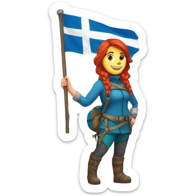 female winter mountaineer red hair holding greek flag and easter egg sticker
