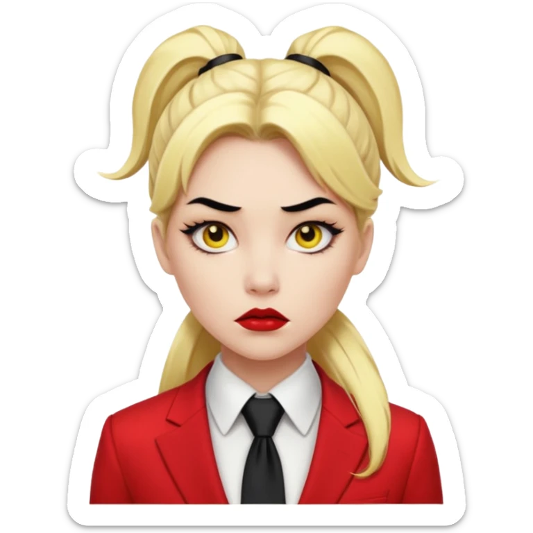 Woman with porcelain white skin, black lips, thick blonde hair that's in a thick long ponytail, a black nose, yellow scleras, red pupils, and a red suit with a black tie. Demon sticker