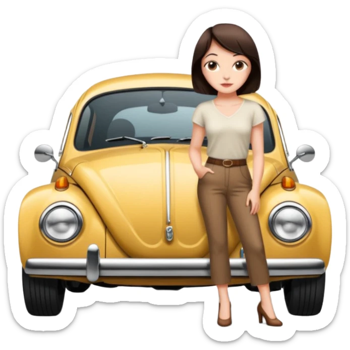 Pretty, sexy, slightly curvy white woman with short dark brown hair, beside a VW beetle sticker