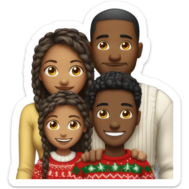 Black family of four members with Dad, Mom, Son, and Daughter. The Son and Daughter are teenagers. The Mom has braids. The Dad is light skinned.All family members are wearing Christmas sweaters and Santa hats.  sticker