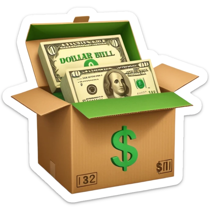 a shipping box with a single green cash bill with a dollar sign on it in front of it sticker