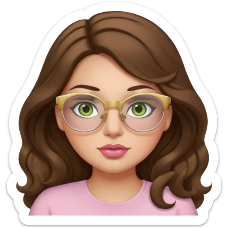 Girl girl long wavy brown hair, pale green eyes, plus size, thick eyelashes, tan skin, pale pink lips. Gold glasses sticker