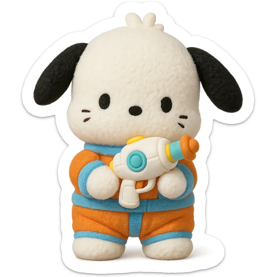 Pochacco holding a cute toy blaster, white with black ears, wearing an orange and blue astronaut suit, plushy Popmart doll style, playful and adorable sticker