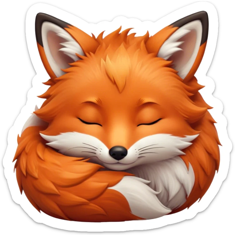 Cinematic cute sleepy fox, curled into a cozy fluffy ball, warm glowing fur, tiny black nose resting on its tail, soft breathing visible, peaceful and charming. sticker