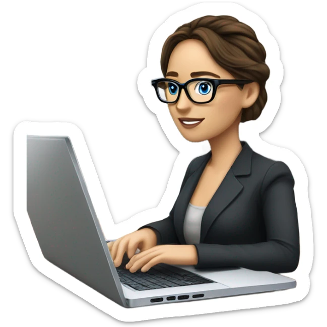 Realistic Photo of Brunette Jennifer Lawrence wearing black glasses and blue eyes talking on their laptop  sticker