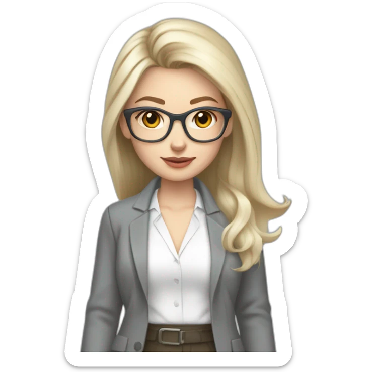 full height pale skin woman with cold blonde straight hair, care haircut, White blouse, Gray oversize jacket, Gray skirt and metal glasses holding a color palette in the hands sticker