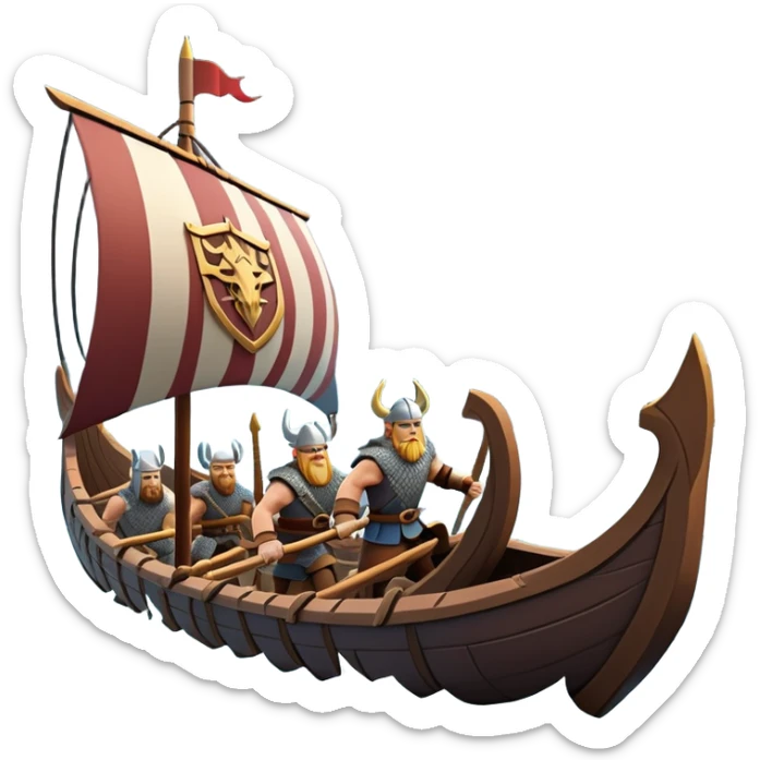 clash-of-clans-aesthetic_-cinematic-viking-longboat, rendered in a flat, bold vector style with minimal shading, featuring a striking dragon-headed prow slicing through icy, churning waters. shields on the side and vikings rowing The longboat’s intricately detailed shields and carved motifs evoke a sense of epic adventure and Nordic might, with billowing sails catching a dramatic, stormy sky backdrop. sticker