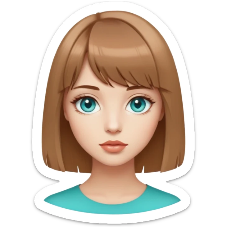 
I am a girl with turquoise eyes, thin lips, and light brown hair. My hair is a bob-asymmetrical, on the left side the hair ends where the ear is, and on the right side the hair reaches the shoulder. I have bangs, they are also asymmetrical, shorter on the left, longer on the right. sticker