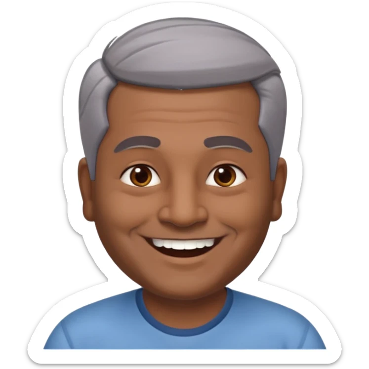50 yr old indian man, dark skin, grey hair, big smile, white teeth, chubby, no moustache, clean shaven, young style hair, hair brushed back, 5 oclock shadow sticker