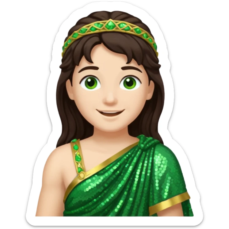 Juno from Roman Deities with long dark brown hair, green sequin toga sticker