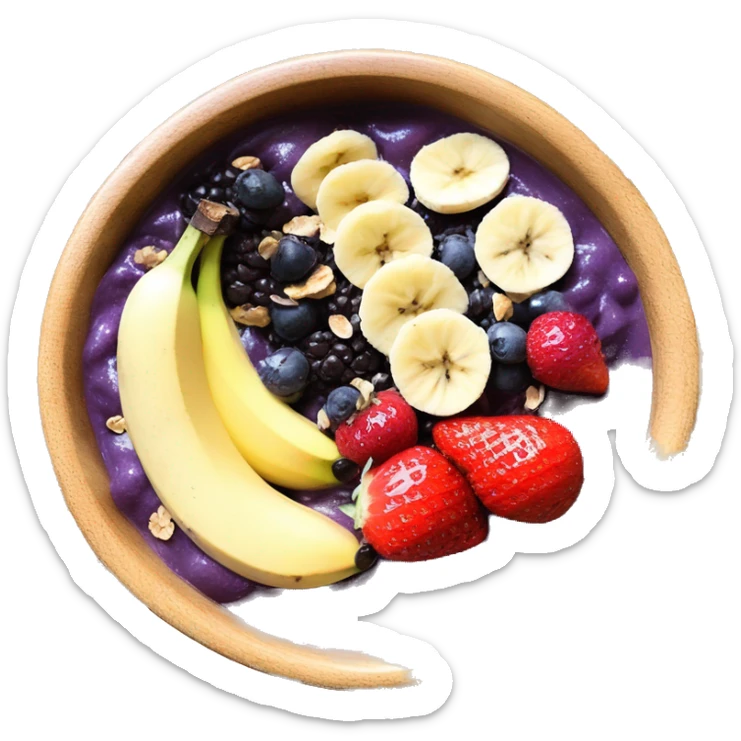 acai bowl in a wood bowl with bananas nutella strawberries granola honey  sticker