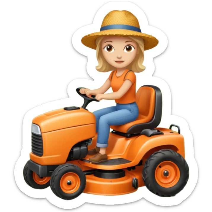 White woman without glasses wearing a straw hat, on old orange ride on lawn mower.  sticker