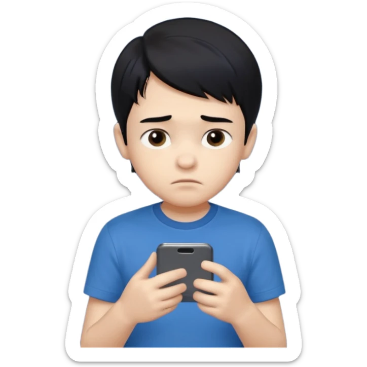 un niño de entre 3 - 10 años jugando con su celular, cansado en una habitacion apagada, el niño tiene piel blanca y cabello negro (hombre)

 sticker