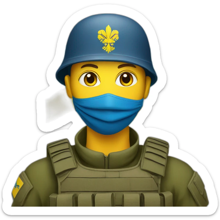 ukrainian soldier face in a mask with a ukrainian flag on the backgroun sticker