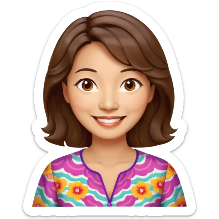 Chinese woman 48 years old, cheerful lively expression, wavy shoulder-length hair dyed brown, brown eyes, colorful printed blouse sticker