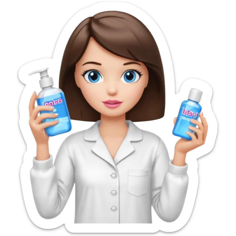 Barbie girl with makeup, blue eyes , and bob haircut, short brown hair in white pajamas, face gel in hand sticker