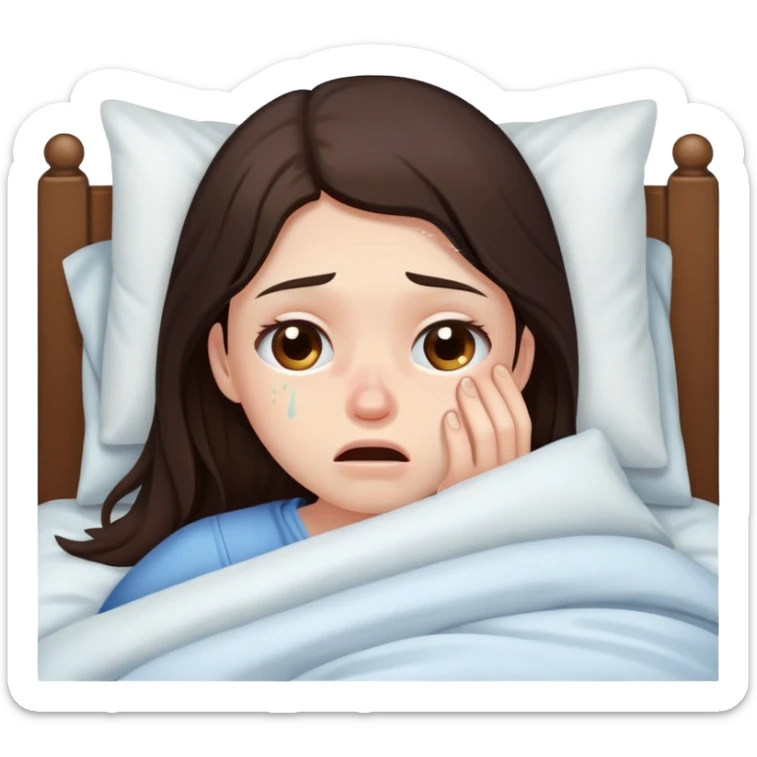 girl with long dark brown hair brown eyes and pale skin with acne crying in bed tired sick sticker