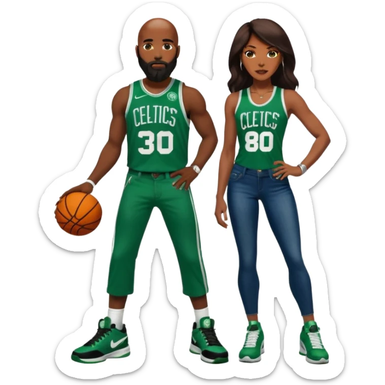 48-year-old dark skin black woman with brown eyes, long dark brown hair dressed in sexy Boston 
celtics outfit & wearing stilettos. Man: White and bald with orange beard & facial hair. He has blue eyes, is wearing a Jason Tatum Boston Celtics Jersey, jeans & green Nike sneakers  sticker