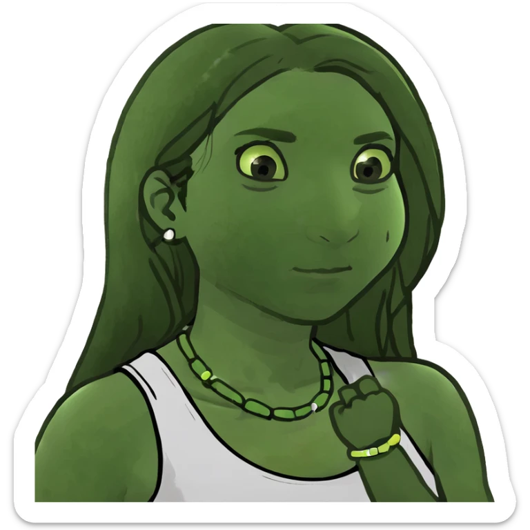 A woman with a round face, big round nose, long straight brown hair, and brown eyes, wearing a white tank top. She has a smooth, simple appearance and bright, clear features with pale,light, skin. sticker