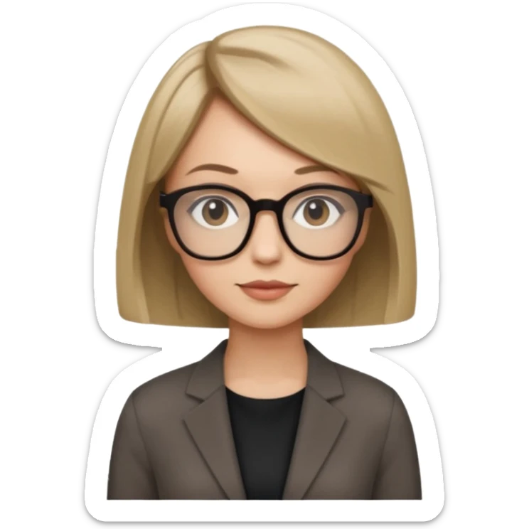 woman dark blonde petite bob haircut wears dark squarish glasses, classic clothes sticker