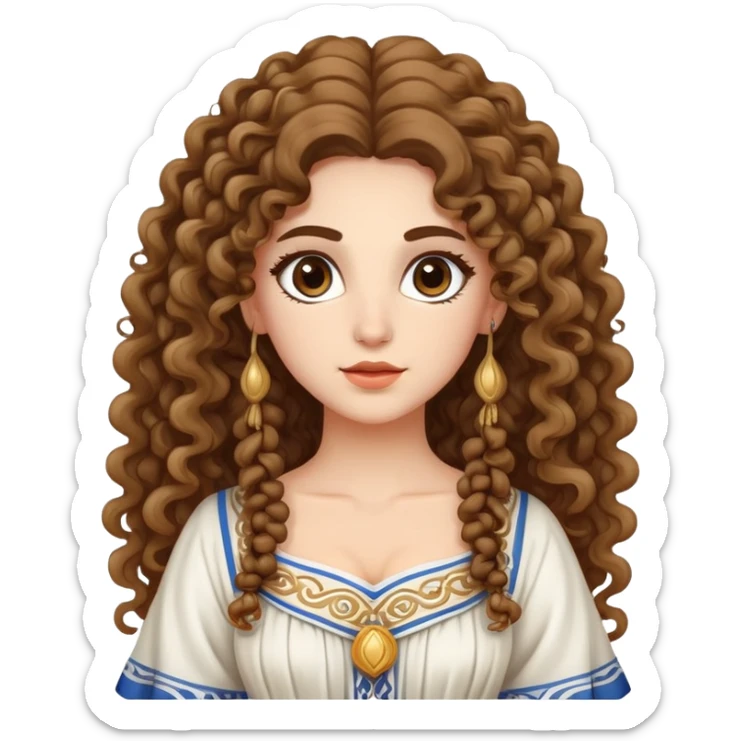 Beautiful Greek character with long puffy curly hair wearing cute traditional Greek clothing sticker