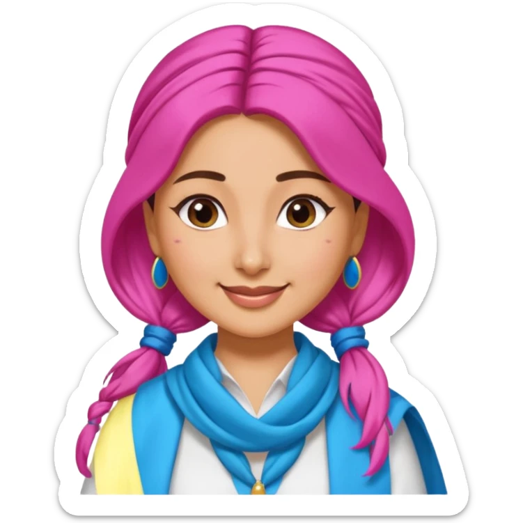 generate a pretty bratz emoji that looks like Kareena Kapoor's Geet character. 
Make her wear a white shirt with a colorful blue-pink dupatta wrapped around her neck. smiling big. hair tied into a side part ponytail

She should look like Kareena Kapoor sticker