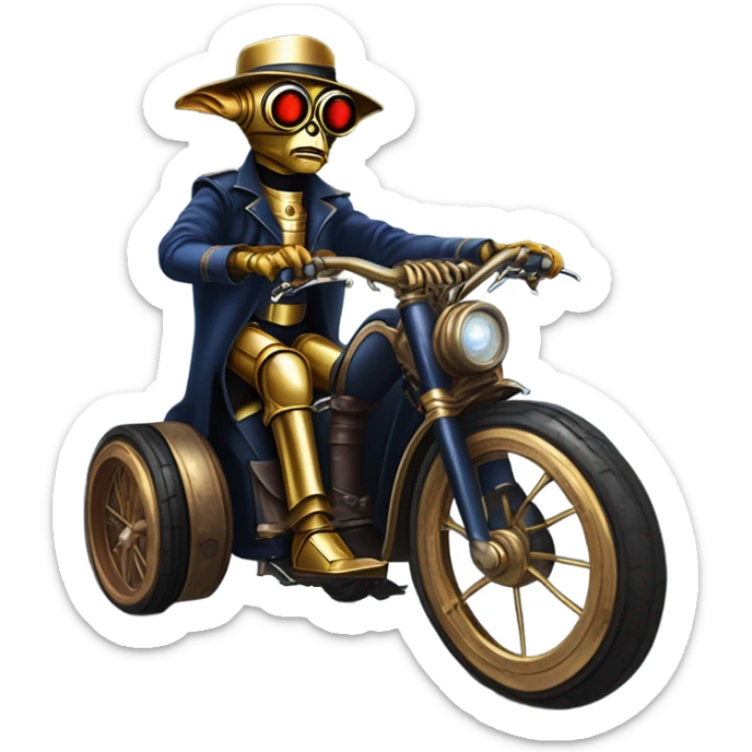 Old west Bounty hunter C-3PO Jedi wearing a pair of navy-blue rimmed steampunk goggles, hat, leather chaps, fringe jacket riding a relaxed 3 wheeler trike steampunk rat rod motorcycle in desert town  sticker