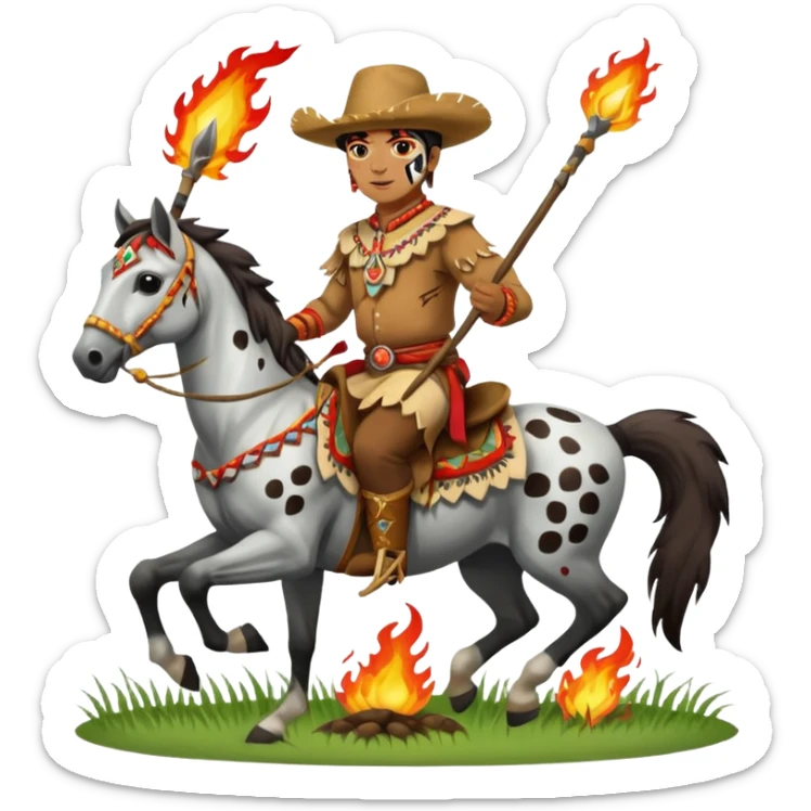 Male Chief Osceola wearing traditional Seminole garb and face paint , riding Appaloosa horse and planting a flaming spear into grass sticker